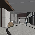 Modern Lobby Reception Desk Design With Stone Walls Glass Doors And Marble Floor