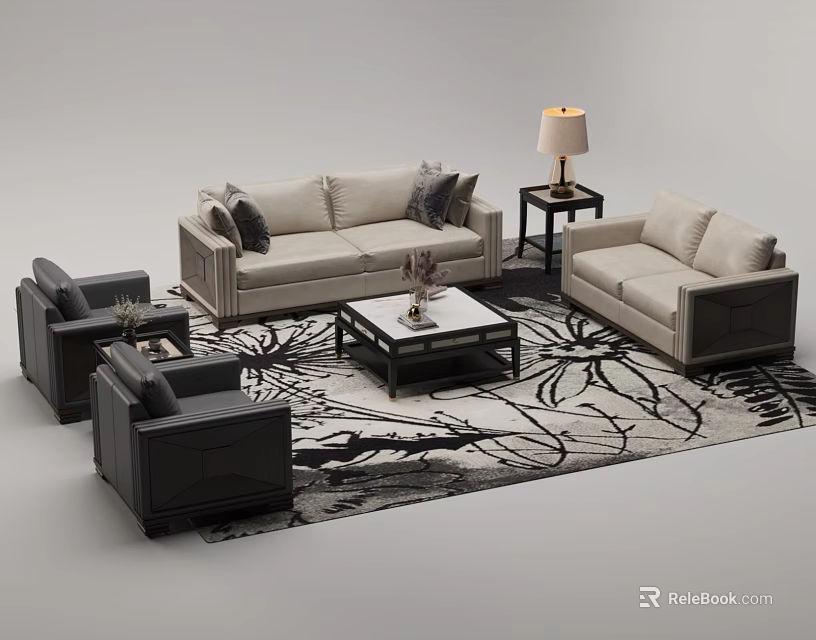 Modern Sofa And Coffee Table Set With Beige Upholstery Armchairs Patterned Rug And Table Lamp 3d model