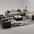 Modern Sofa And Coffee Table Set With Beige Upholstery Armchairs Patterned Rug And Table Lamp 3d model