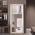 Beige Framed Full Length Mirror in Modern Living Room With Sofa And Bookshelf
