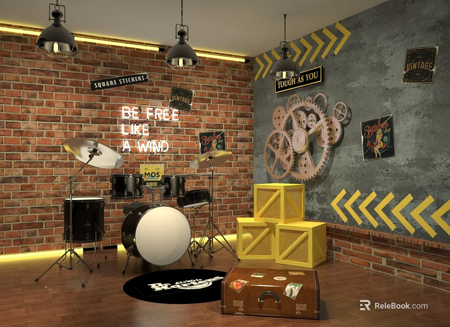 Kindergarten Music Corner With Brick Wall Hanging Lights Drum Set Yellow Crates Gear Decorations 3d model 