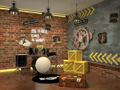 Kindergarten Music Corner With Brick Wall Hanging Lights Drum Set Yellow Crates Gear Decorations 3d model