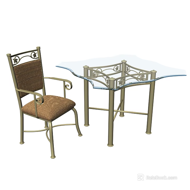 Ornate Metal Frame Table And Chair Set With Glass Top And Brown Woven Seat 3d model 