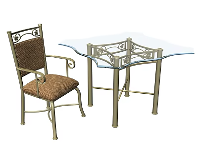 Ornate Metal Frame Table And Chair Set With Glass Top And Brown Woven Seat 3d model