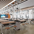 Modern Science Laboratory Interior Setup With Hanging Equipment White Tables And Chairs
