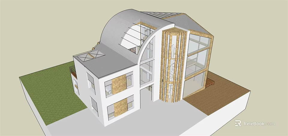 Modern Detached Villa Featuring Curved Roof Large Glass Windows Wooden Elements And Lawn Terrace 3d model 