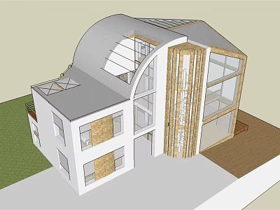 Modern Detached Villa Featuring Curved Roof Large Glass Windows Wooden Elements And Lawn Terrace 3d model