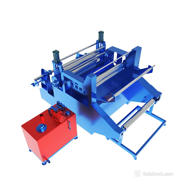 Blue Industrial Metal Processing Machine With Red Control Box And Rollers 3d model 