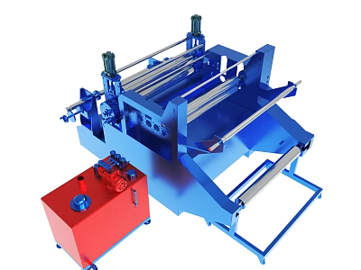 Blue Industrial Metal Processing Machine With Red Control Box And Rollers 3d model