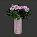Pink Hydrangeas with Fresh Green Leaves in a Pink Vase on Dark Surface