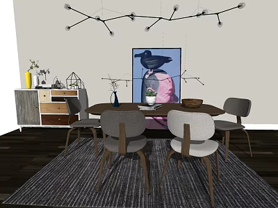 Contemporary Dining Table Set With Chairs Pendant Light Wall Art Rug And Sideboard 3d model
