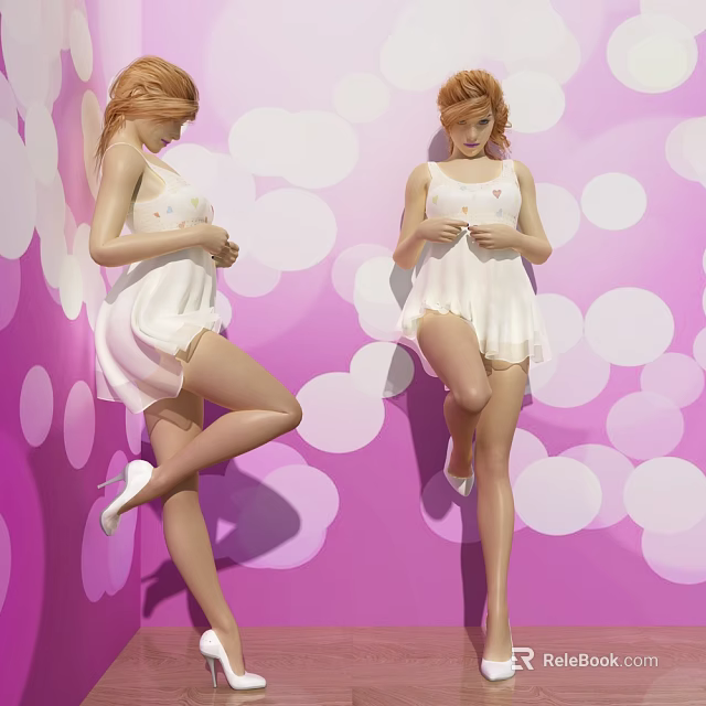 Women in White Dresses Posing with High Heels on Pink Polka Dot Background 3d model 