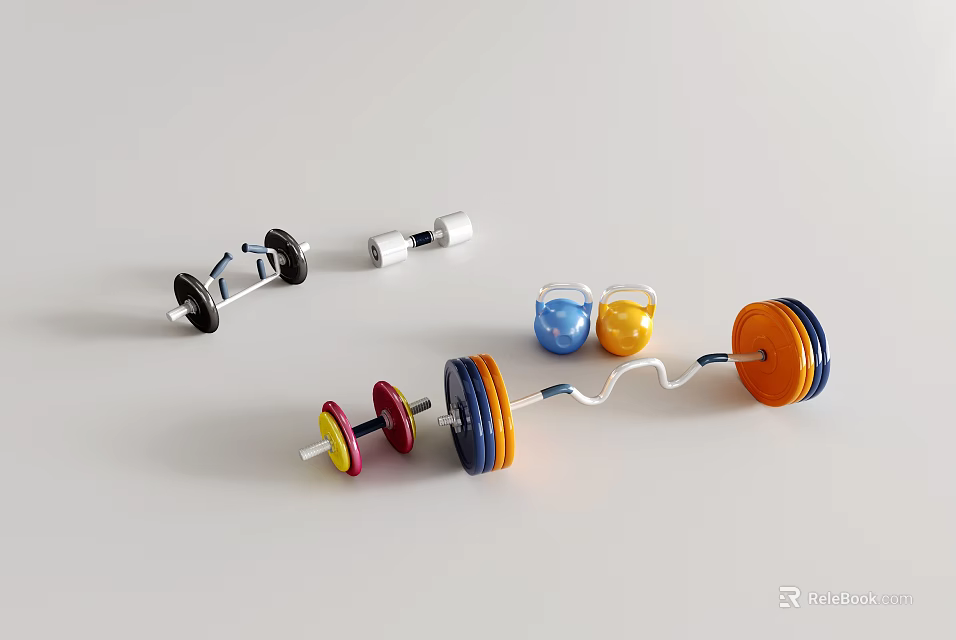 Colorful Dumbbells And Barbell Weight Plates For Home Fitness Workout 3d model 