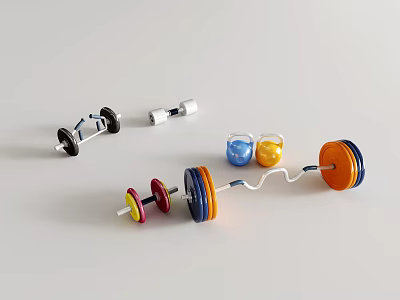 Colorful Dumbbells And Barbell Weight Plates For Home Fitness Workout 3d model