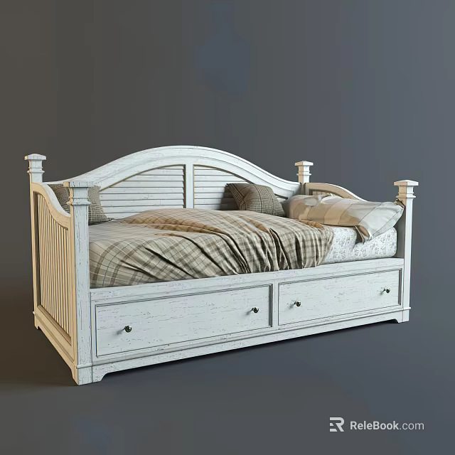 White Wooden Single Bed With Curved Headboard Pedestal Footboard Storage Drawers And Plaid Bedding 3d model 