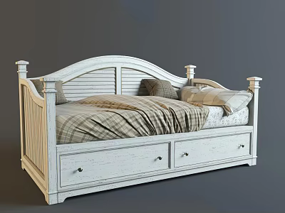 White Wooden Single Bed With Curved Headboard Pedestal Footboard Storage Drawers And Plaid Bedding 3d model