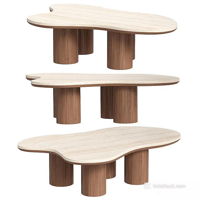 Modern Dining Table With Light Wood Irregular Shape Tabletop And Dark Wood Multiple Cylindrical Legs 3d model