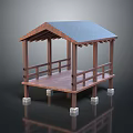 Wooden Pavilion Structure With Blue Roof Railings And Stone Pillar Bases