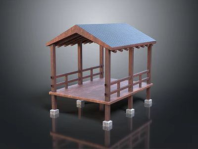 Wooden Pavilion Structure With Blue Roof Railings And Stone Pillar Bases 3d model