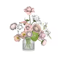 Transparent Glass Vase With Pink And White Roses Ranunculus And Green Leaves