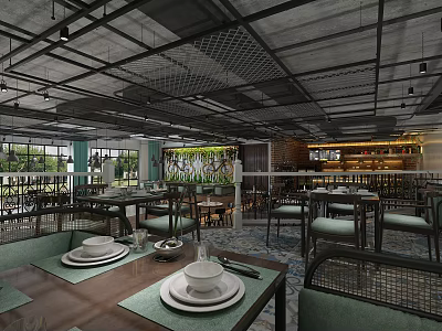 Modern Restaurant Interior With Dining Tables Green Chairs And Decorative Plants 3d model