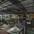 Modern Restaurant Interior With Dining Tables Green Chairs And Decorative Plants