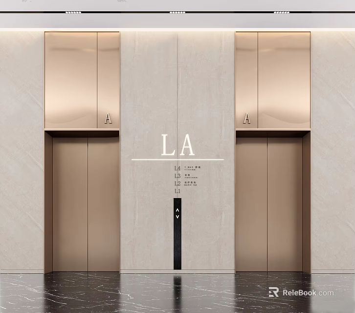 Modern Luxury Elevator Design With Rose Gold Doors And Marble Wall Panels 3d model 