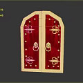 Ornate Red Double Door With Beige Frame And Intricate Gold Decorative Details