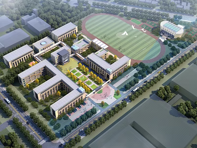 Modern School Building Complex With Classroom Wings Sports Field And Green Courtyards 3d model