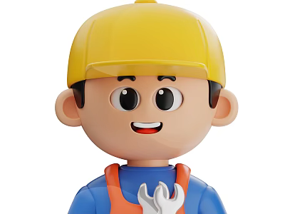 Cartoon Man In Yellow Hard Hat Blue Shirt And Orange Overalls With Wrench 3d model