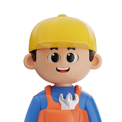 Cartoon Man In Yellow Hard Hat Blue Shirt And Orange Overalls With Wrench 3d model