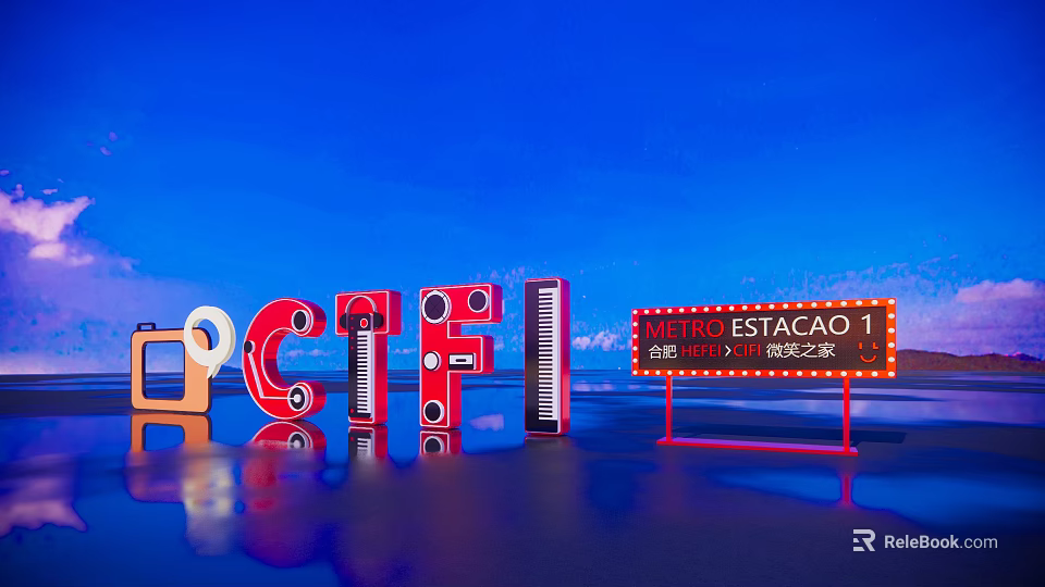 OCTFI 3D Letters And ESTACAO 1 Neon Sign Against Blue Sky With Reflection 3d model 