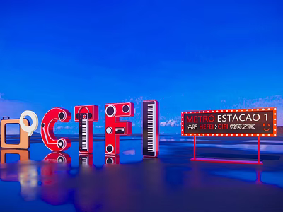 OCTFI 3D Letters And ESTACAO 1 Neon Sign Against Blue Sky With Reflection 3d model