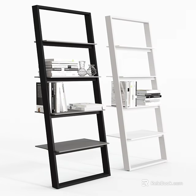 Modern Black and White Ladder Bookcases with Open Shelves and Books Decor 3d model 
