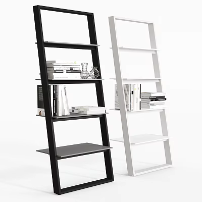 Modern Black and White Ladder Bookcases with Open Shelves and Books Decor 3d model