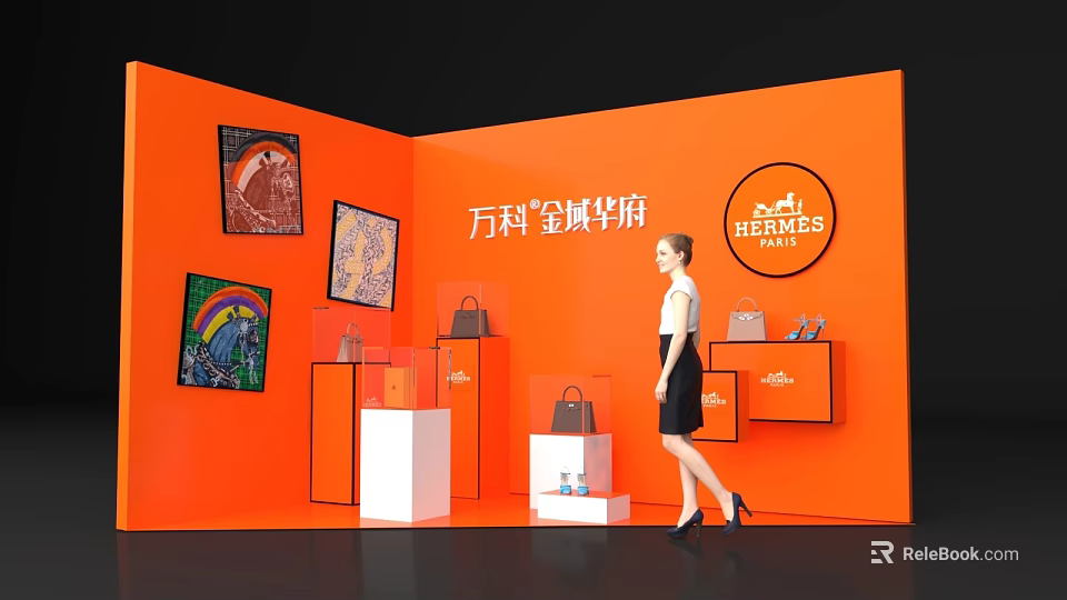 Interactive Area For Hermes Featuring Orange Background Display Cabinets Bags Artworks And Model 3d model