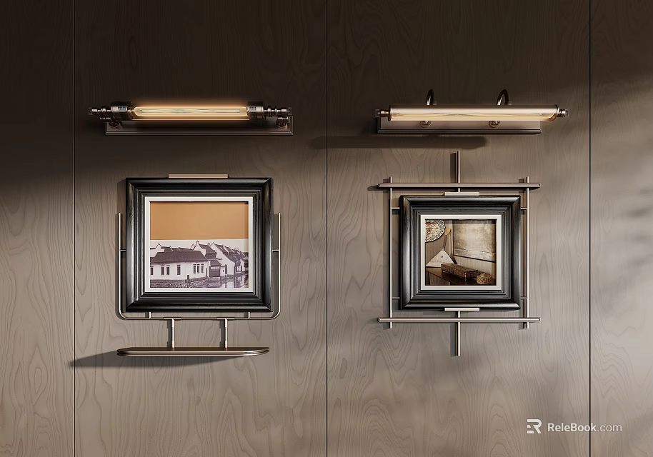 Elegant Wall Decor With Framed Artworks And Sconce Lighting On Wooden Panel 3d model 