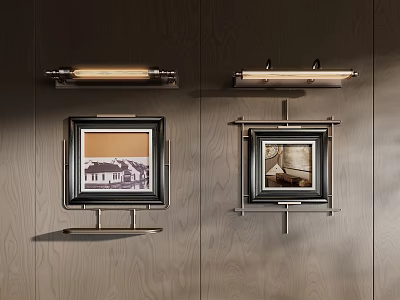 Elegant Wall Decor With Framed Artworks And Sconce Lighting On Wooden Panel 3d model