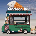 Cartoon Themed Food Cart With Green Body Awning Wheels And Menu Board For Tiny Cafe