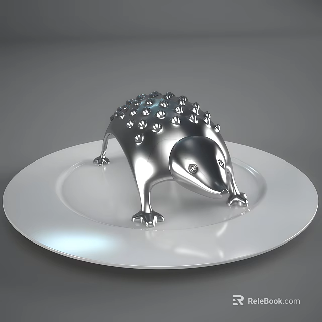 Decorative Silver Metal Hedgehog Shape Ornament Set On White Plate For Home Decor Accent 3d model 