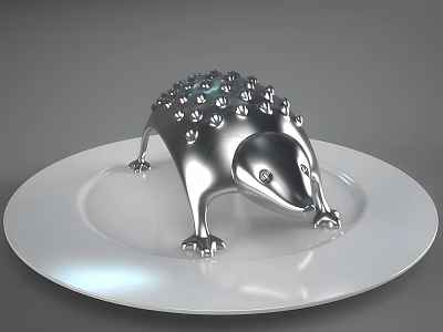 Decorative Silver Metal Hedgehog Shape Ornament Set On White Plate For Home Decor Accent 3d model