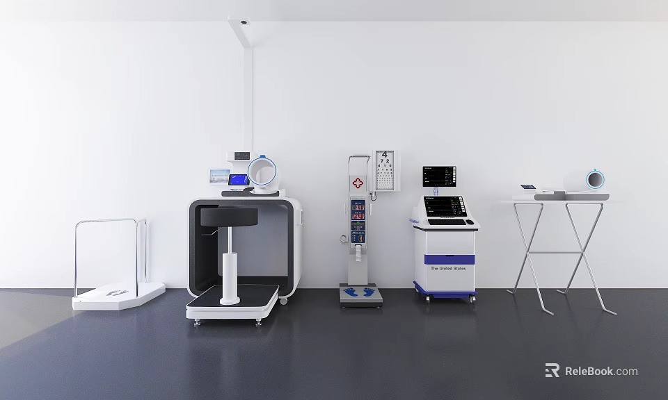 Various Medical Devices In Modern Clinic Setting With Diagnostic Equipment And Monitors 3d model 