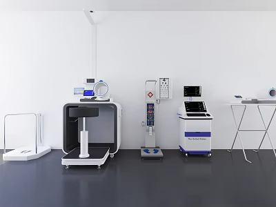 Various Medical Devices In Modern Clinic Setting With Diagnostic Equipment And Monitors 3d model