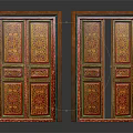 Traditional Wooden Doors With Red Green Decorations And Intricate Patterns One Closed One Half Open