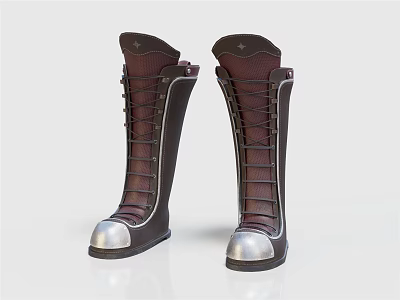 Knee High Leather Boots With Lace Up Design And Silver Toe Caps 3d model