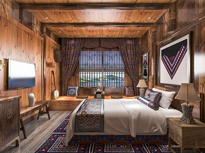 Wooden Hotel Guest Room Interior With Decorative Painting Colorful Rug And Curtains 3d model