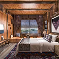 Wooden Hotel Guest Room Interior With Decorative Painting Colorful Rug And Curtains