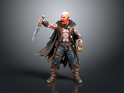 Bald Man With Red Beard Tattoos Leather Armor Cloak Holding Dagger And Potion Flask 3d model