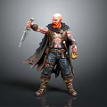 Bald Man With Red Beard Tattoos Leather Armor Cloak Holding Dagger And Potion Flask