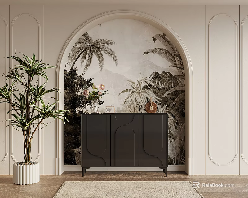 Modern Elegant Entryway Interior With Black Console Table Palm Tree Wallpaper And Potted Plant 3d model 